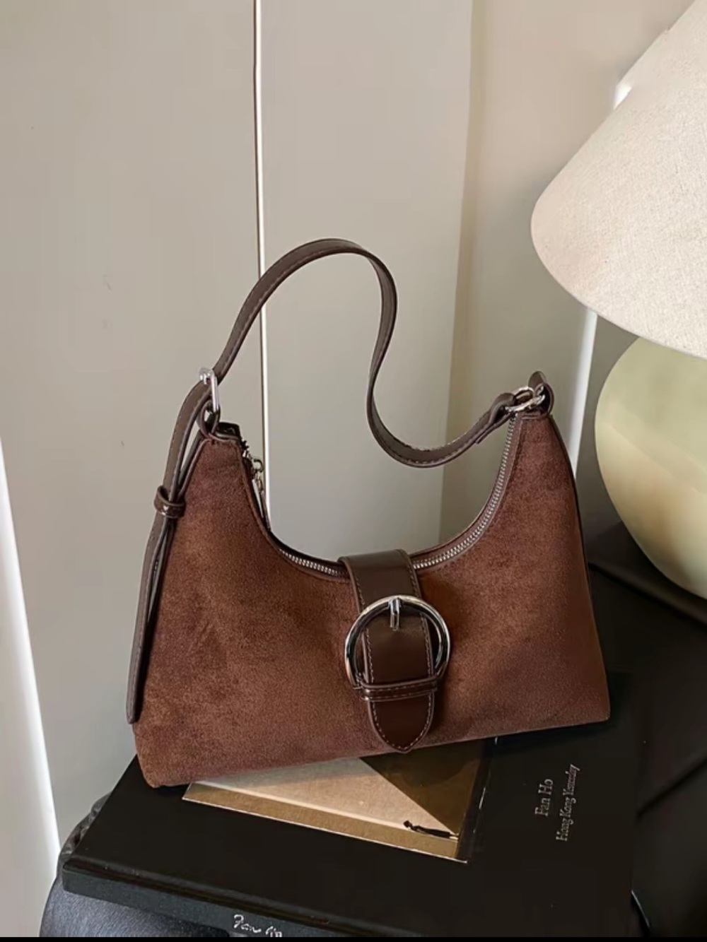 Coffee Brown Retro Buckle Shoulder Bag
